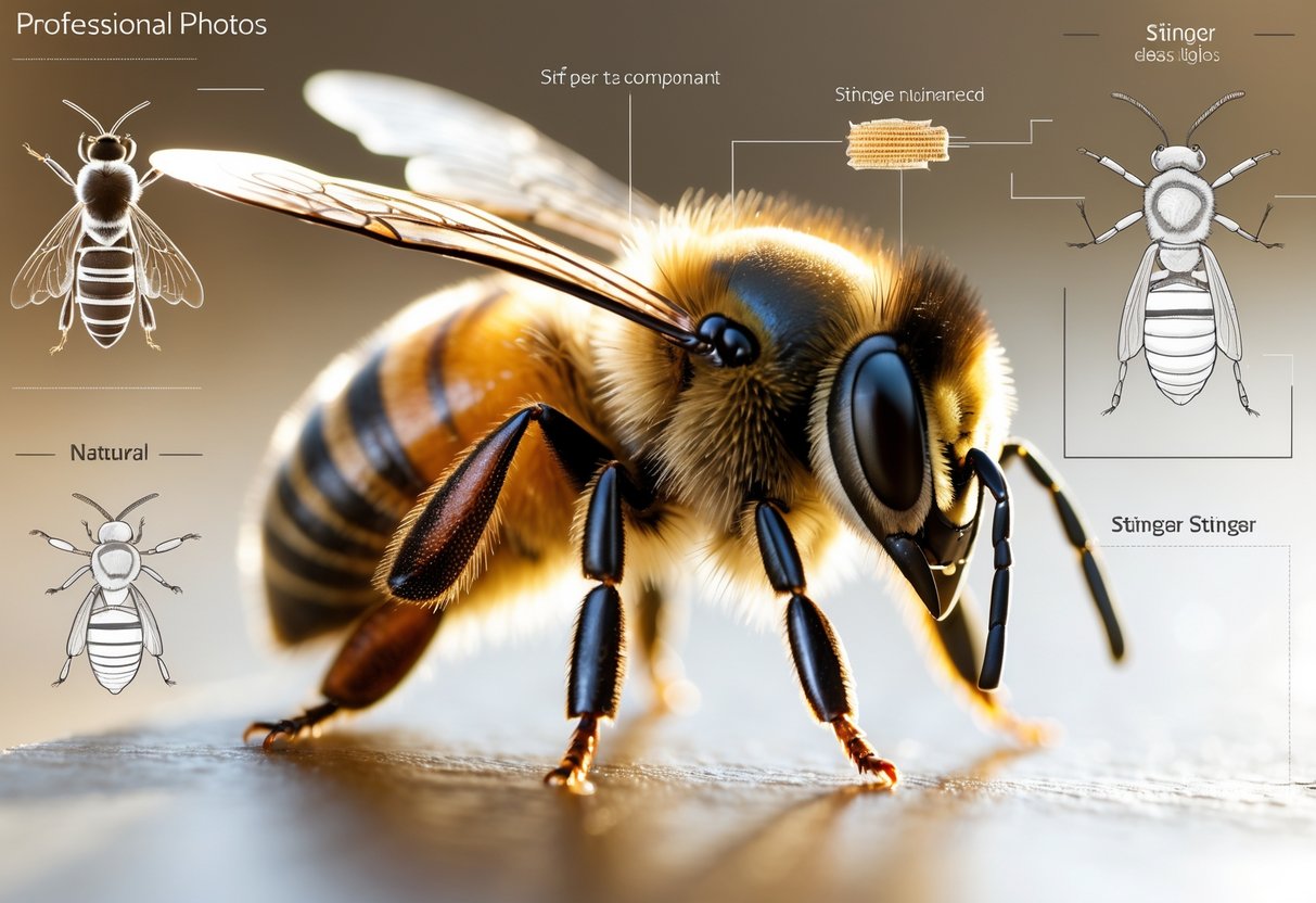Close-up image of a honeybee focusing on its stinger and the anatomy around it, showing detailed features of the stinger and bee's abdomen.