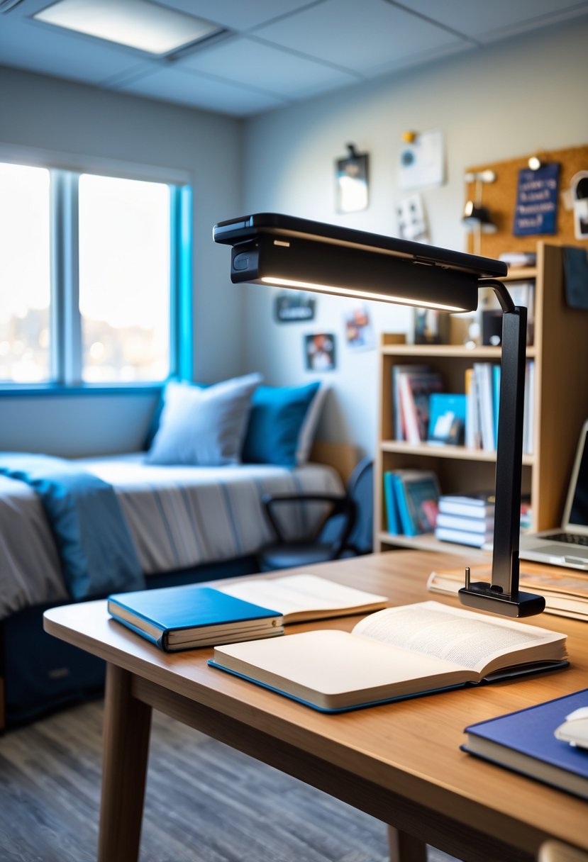 22 Dorm Room Ideas for Boys College: Smart and Stylish Inspiration 17 A college dorm room with a clip-on book light attached to a desk, surrounded by study materials and a bed in the background.