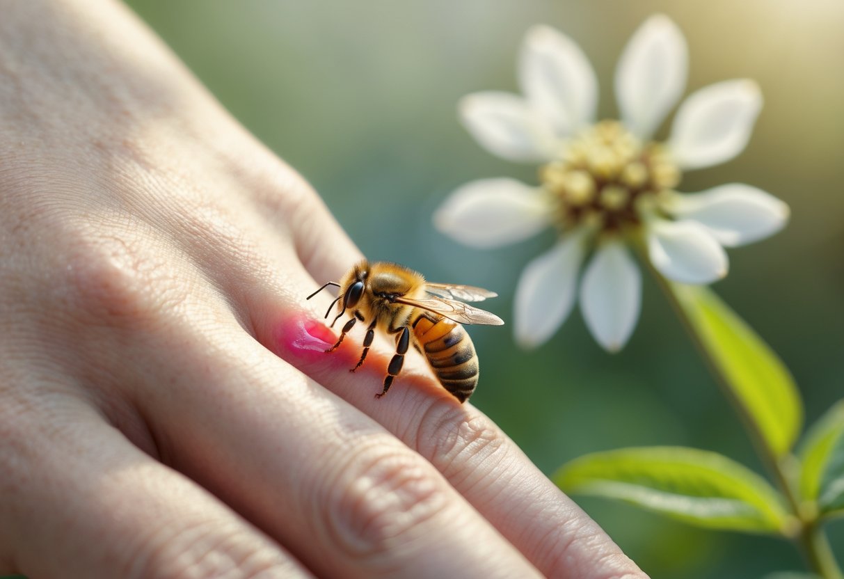 Close-up of a human hand with a bee sting showing redness and swelling, a honeybee nearby on a flower.