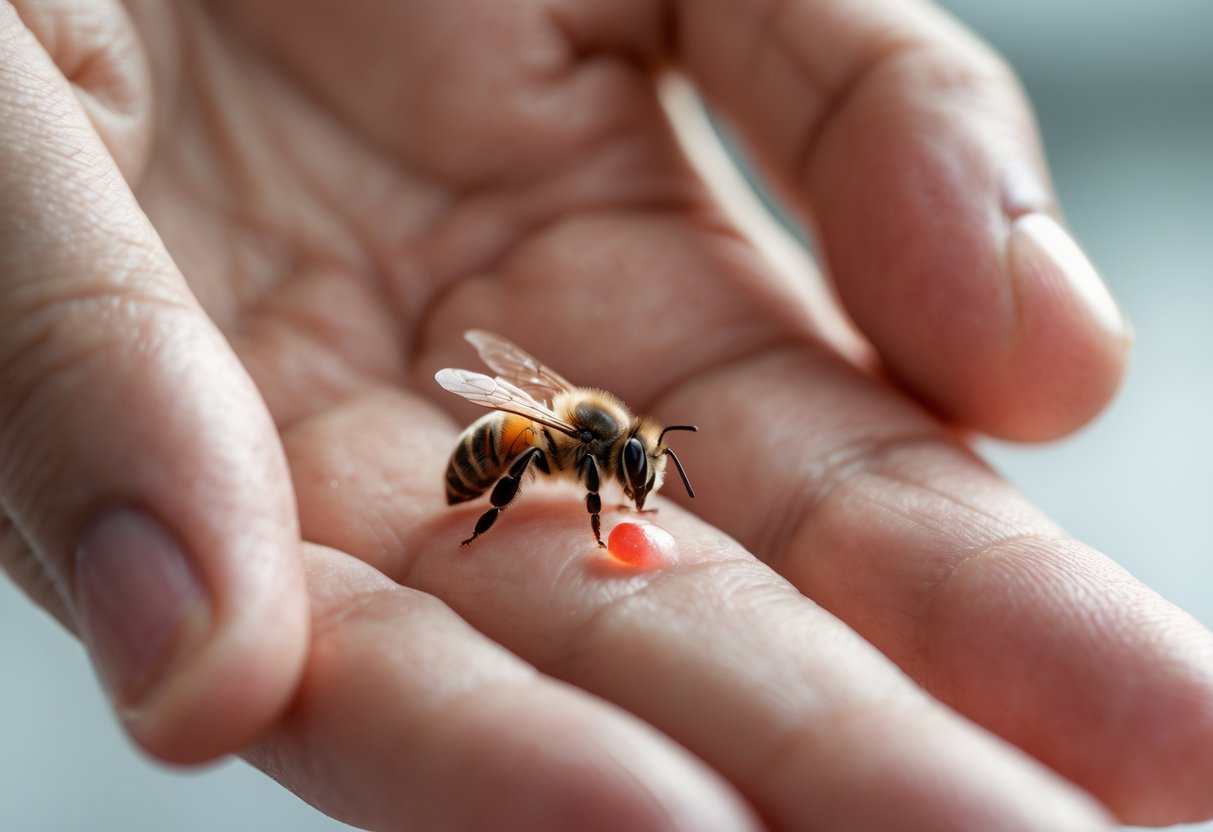 Close-up of a hand with a small red bump from a bee sting, the person gently touching the affected area.