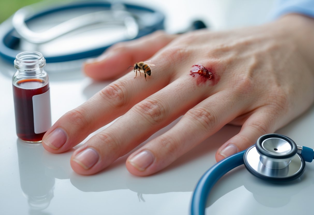 A close-up of a hand with a bee sting wound, a blood sample vial, and a stethoscope on a white surface.