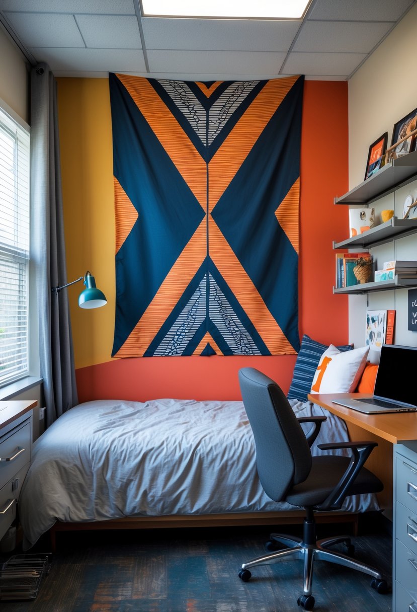 22 Dorm Room Ideas for Boys College: Smart and Stylish Inspiration 19 A college dorm room with a bed, geometric patterned wall tapestry, desk, and shelves.