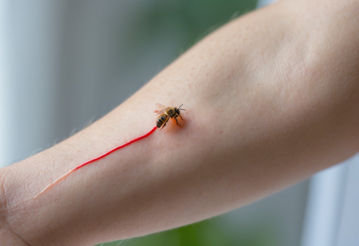 Close-up of a human arm with a bee sting and a red line extending from the sting site.