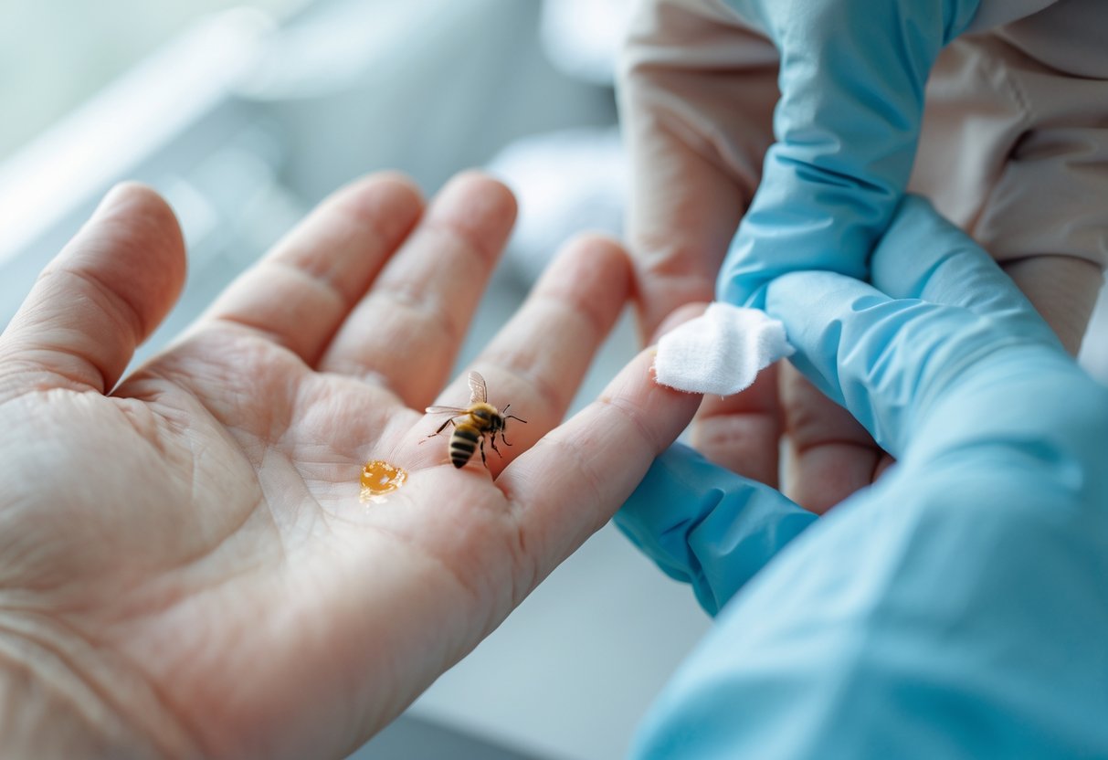 A close-up of a person's hand with a bee sting being gently treated by a gloved medical professional.