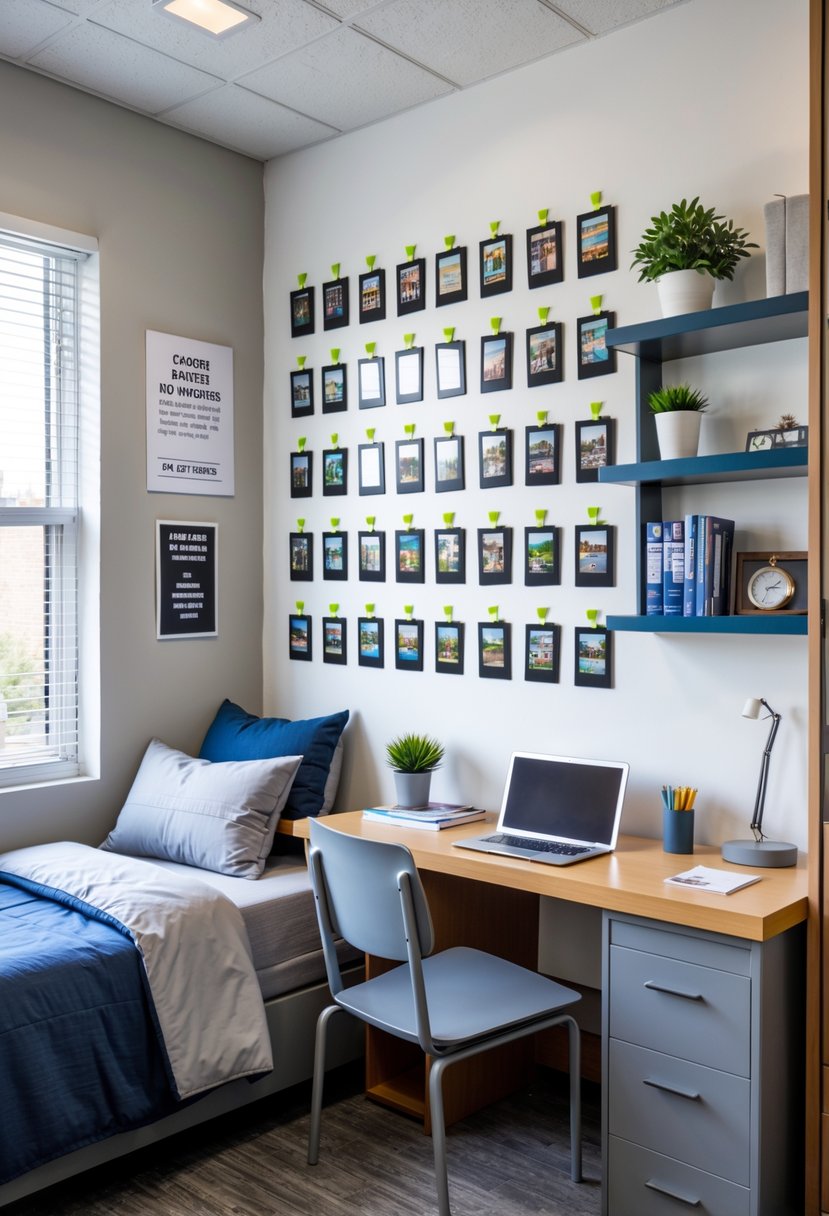 22 Dorm Room Ideas for Boys College: Smart and Stylish Inspiration 20 A college dorm room for a male student with a bed, desk, shelves, and a photo display on the wall held by command strips.