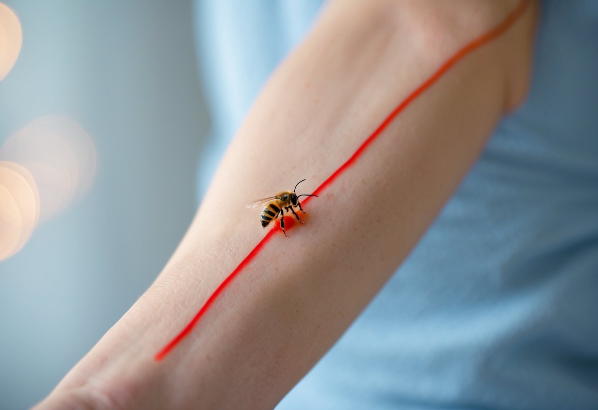 Close-up of a forearm with a red line extending from a bee sting, showing swelling and irritation.