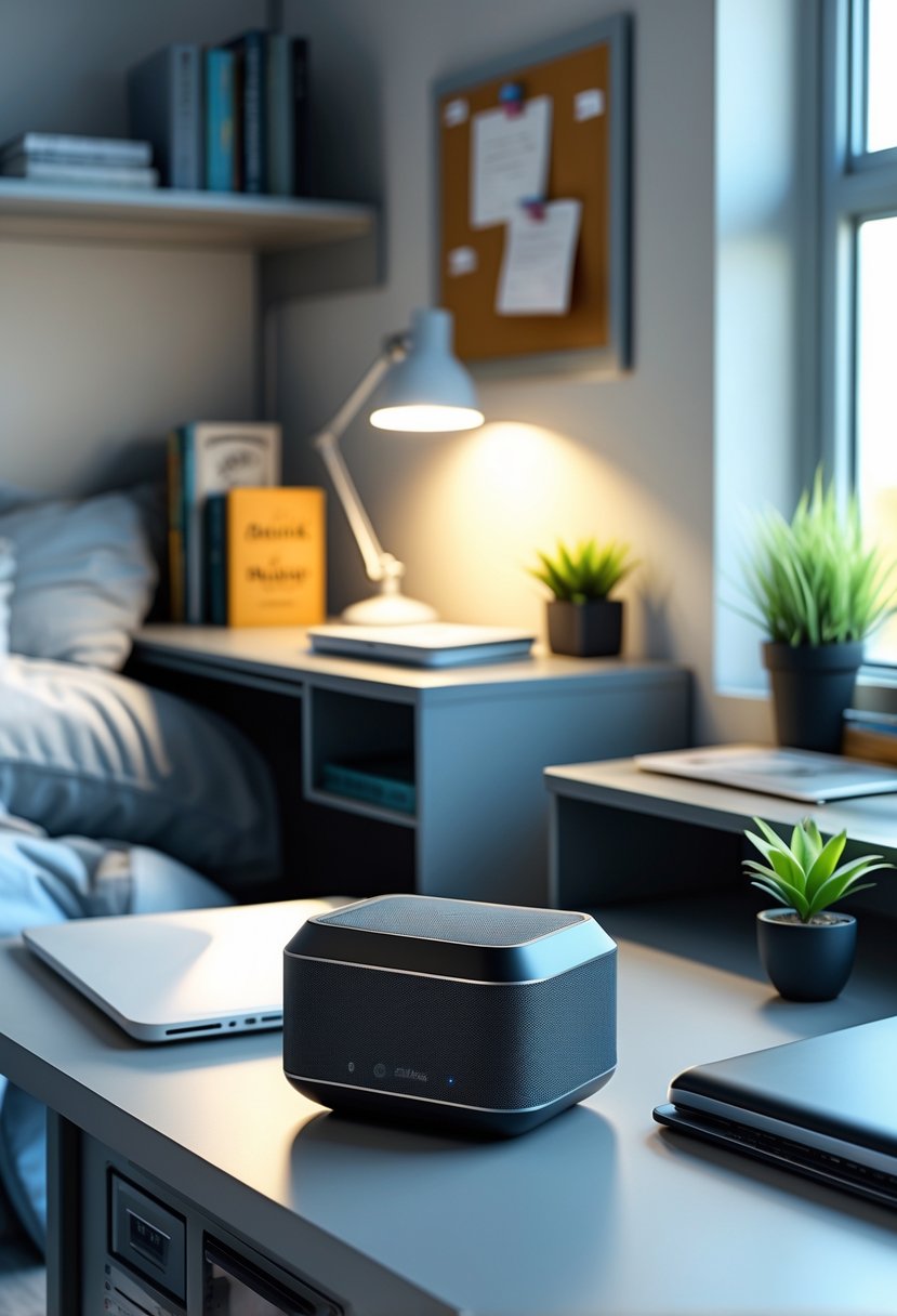 22 Dorm Room Ideas for Boys College: Smart and Stylish Inspiration 21 A compact Bluetooth speaker on a college dorm room desk with a laptop, books, and a bed in the background.
