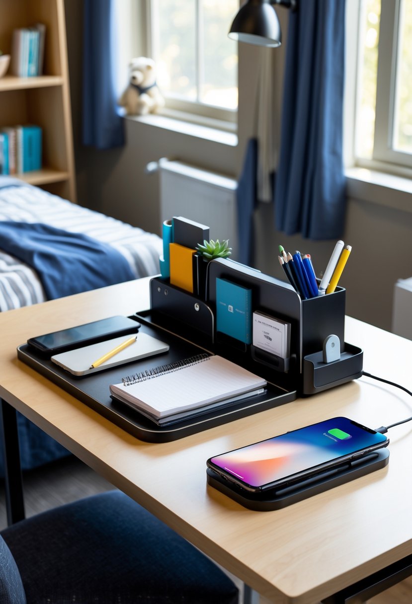 22 Dorm Room Ideas for Boys College: Smart and Stylish Inspiration 22 A desk organizer with a charging station on a wooden desk in a college dorm room, holding pens, notebooks, and a smartphone.