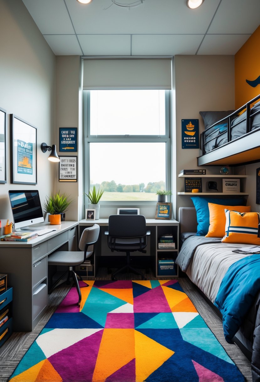 22 Dorm Room Ideas for Boys College: Smart and Stylish Inspiration 23 A college dorm room for boys with a bold patterned rug, bed, desk, chair, shelves, and natural light.