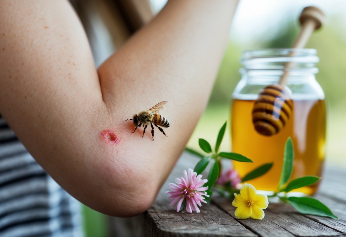 Close-up of a person's arm showing a small bee sting with slight redness, next to a jar of honey and flowers.