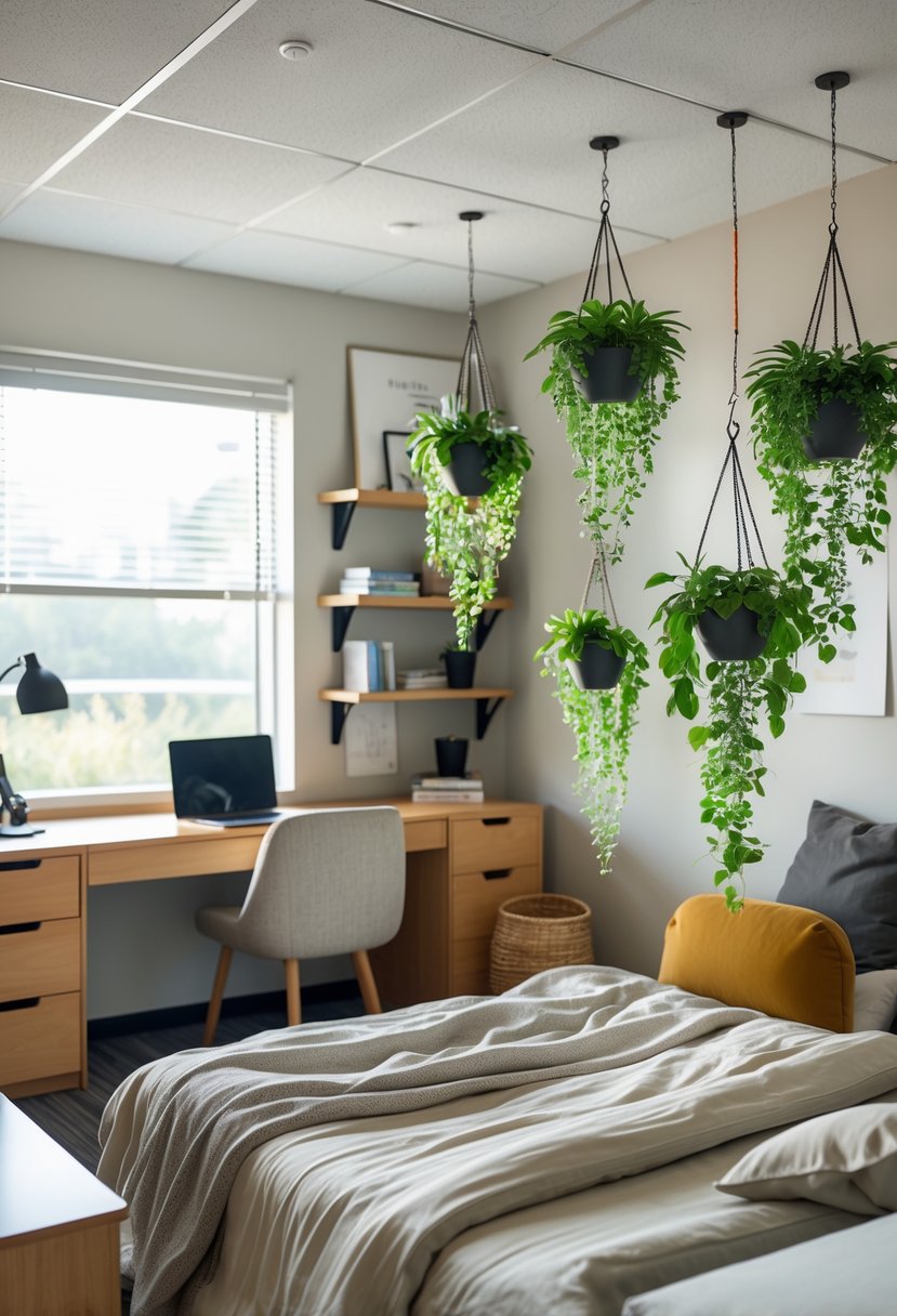 22 Dorm Room Ideas for Boys College: Smart and Stylish Inspiration 24 A college dorm room for a male student with hanging green plants, a bed, desk, and shelves, illuminated by natural light.
