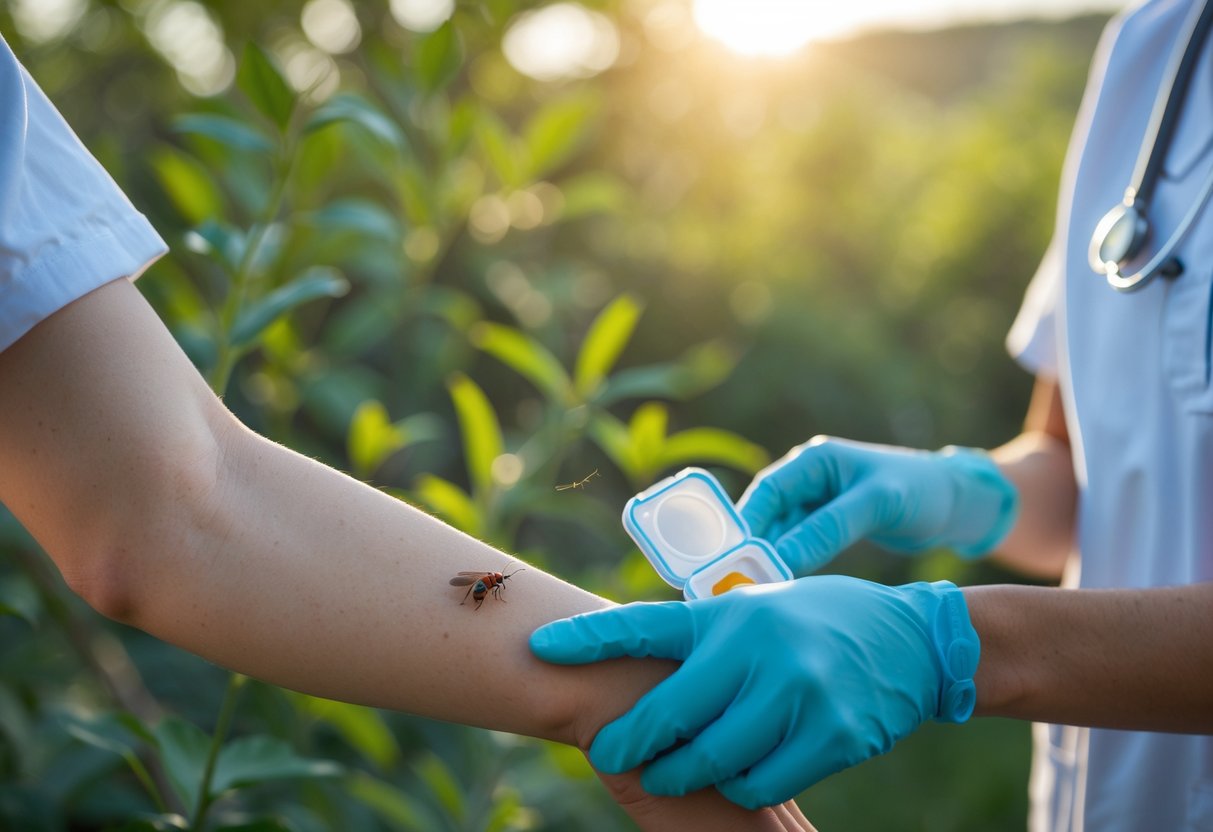 Close-up of a person's arm with a wasp sting being examined by a medical professional outdoors.