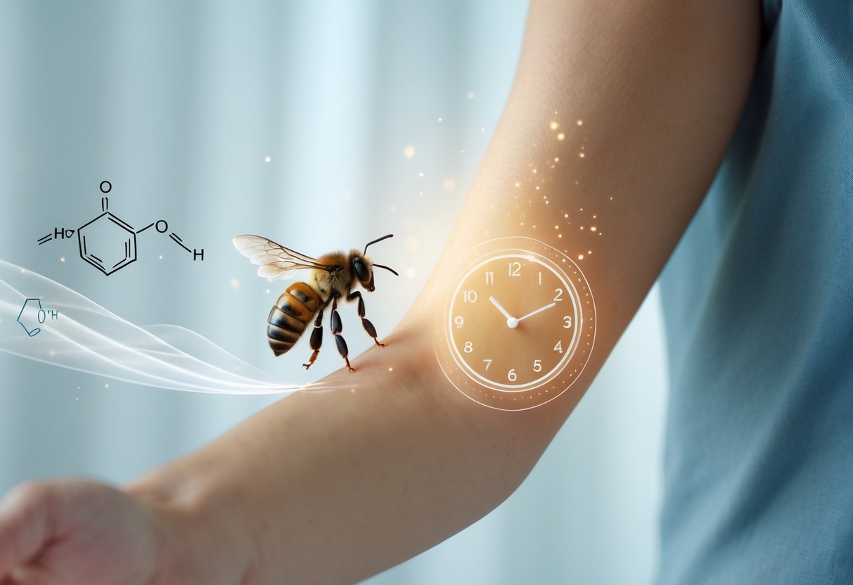 Close-up of a person's arm with a small bee sting mark and a bee nearby, with subtle visual elements representing time and venom.