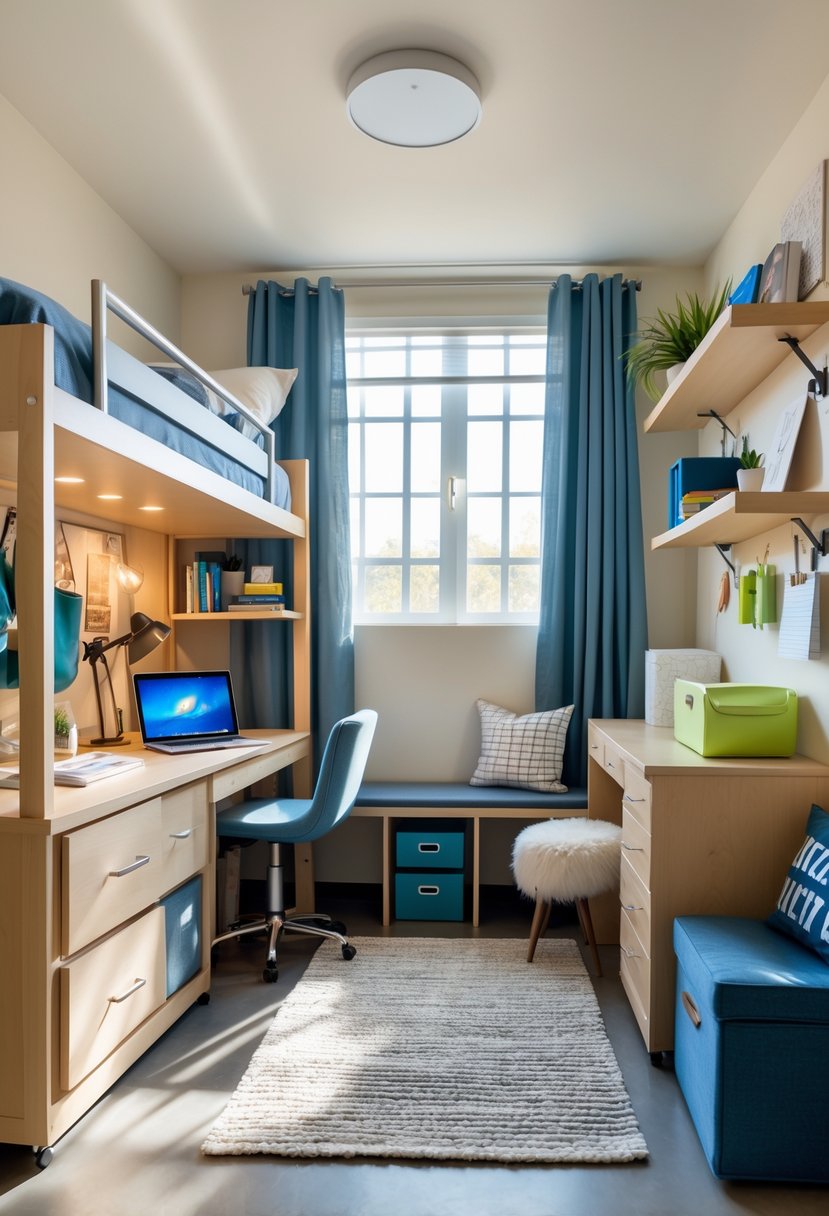22 Dorm Room Ideas for Boys College: Smart and Stylish Inspiration 25 A tidy college dorm room for a male student with a lofted bed, desk, shelves, and storage solutions maximizing the small space.