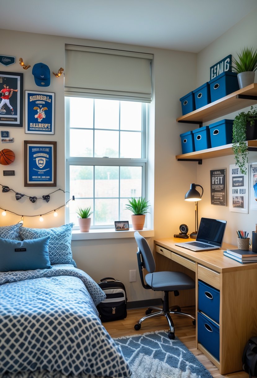22 Dorm Room Ideas for Boys College: Smart and Stylish Inspiration 26 A tidy college dorm room for a male student with a bed, desk, shelves, sports items, plants, and natural light.