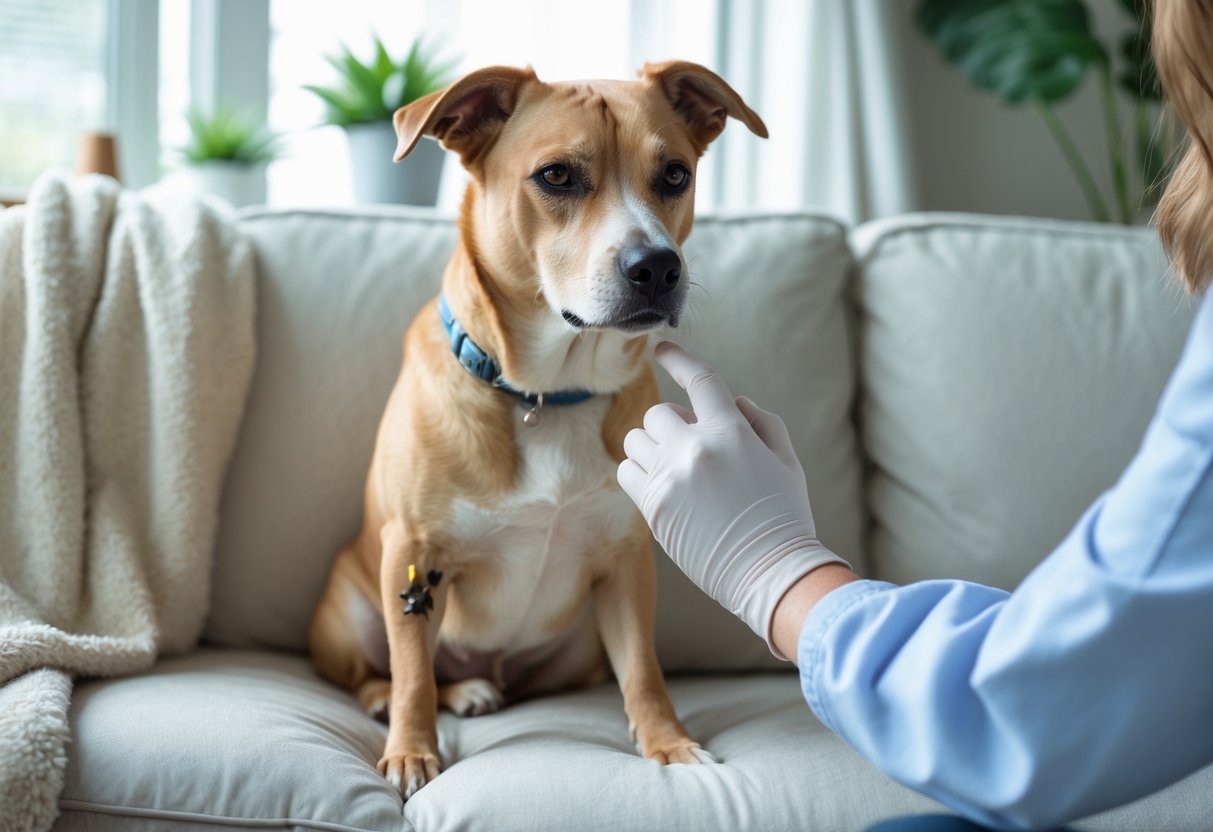 A dog sitting on a couch with a swollen front leg being gently examined by a person wearing a white glove.