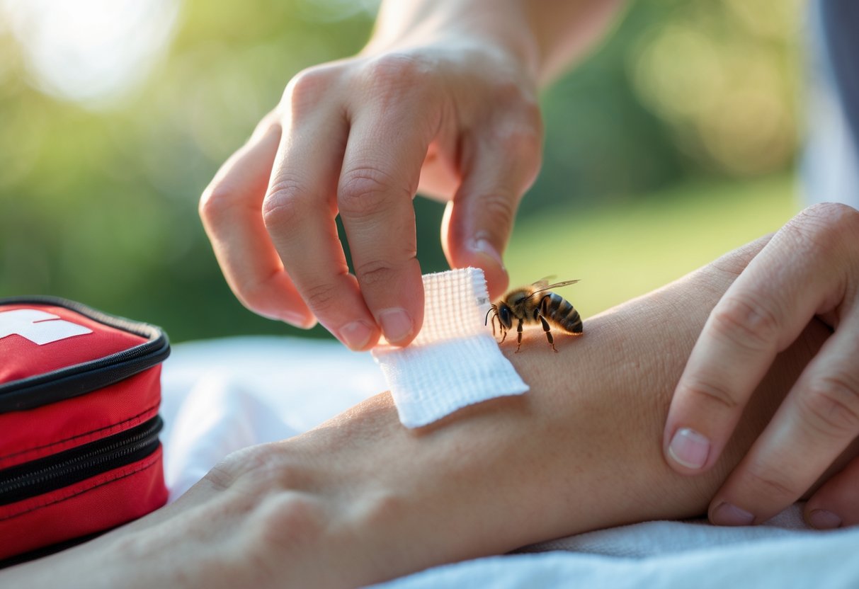 A person treating a bee sting on their forearm with a gauze pad next to a small red first aid kit outdoors.