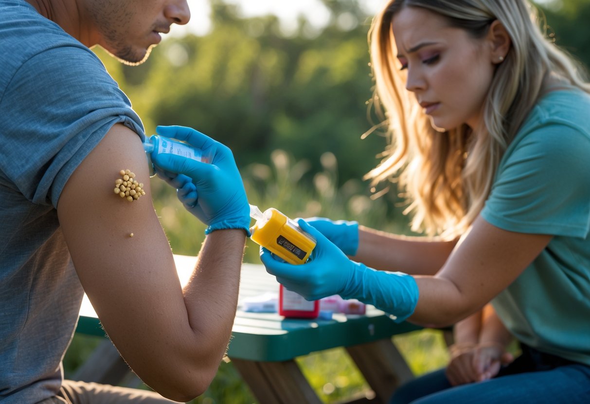 A person outdoors receiving an epinephrine injection on their thigh after a bee sting, with another person assisting.