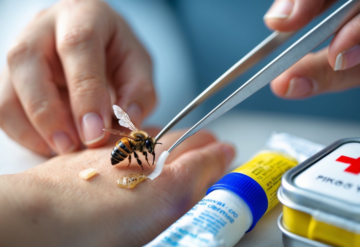 Close-up of a hand being treated for a bee sting with tweezers and a nearby first aid kit.