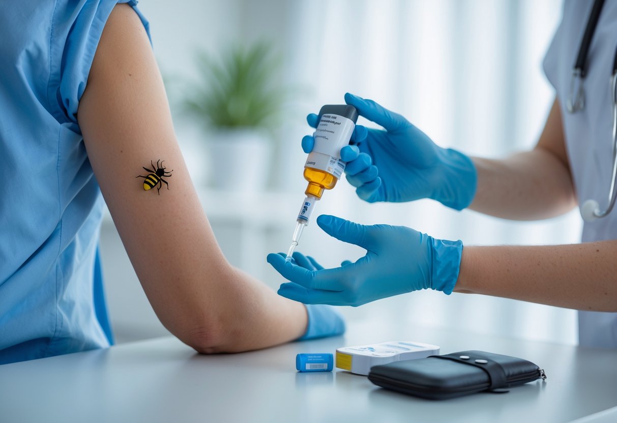 A close-up of a person receiving an epinephrine injection for a bee sting allergy from a healthcare professional in a clean medical setting.