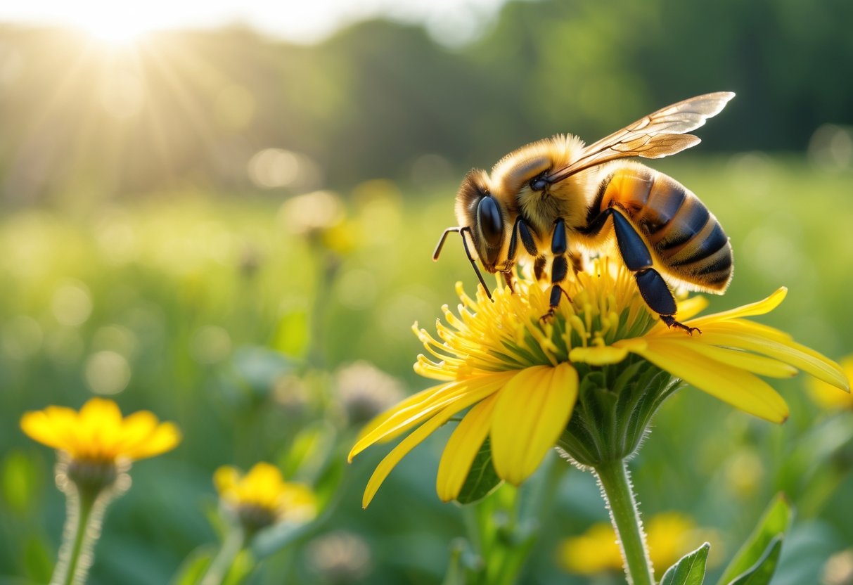 A honeybee collecting nectar from a yellow flower in a sunlit garden with a blurred green meadow in the background.