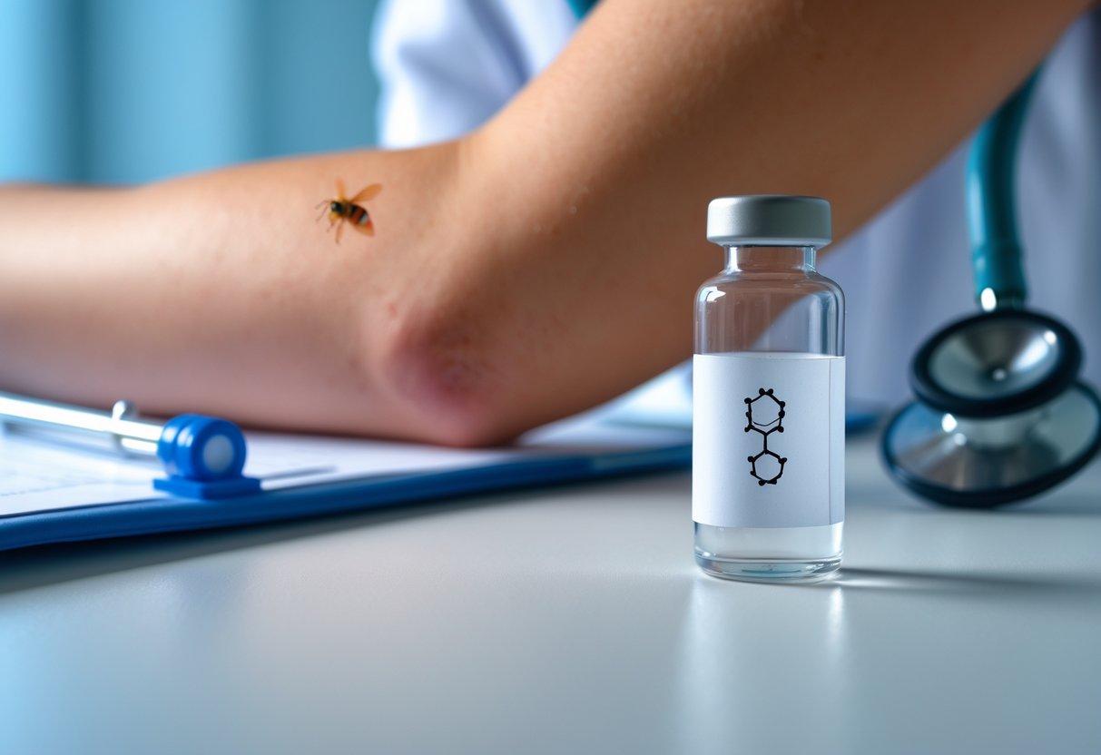 Close-up of a human arm with a bee sting mark next to a glass vial on a white surface in a medical setting.