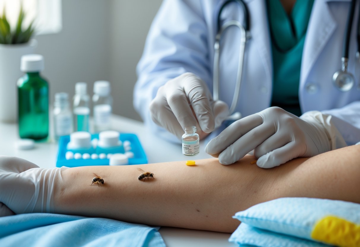 A healthcare professional treating a person's bee sting on their arm in a medical setting with first aid supplies nearby.