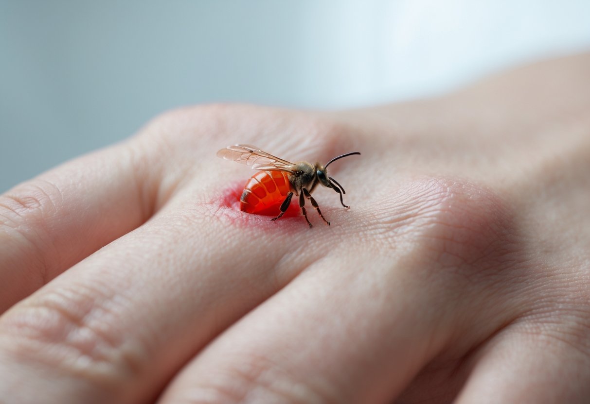 Close-up of a human hand with a bee sting showing a red bump slightly to the left of the sting site.