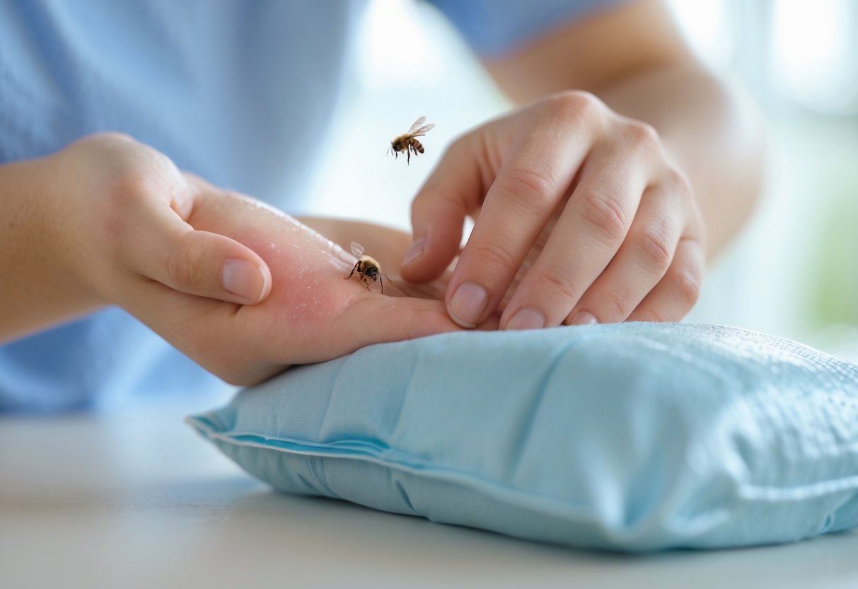 A person applying a cold compress to a bee sting on their arm.