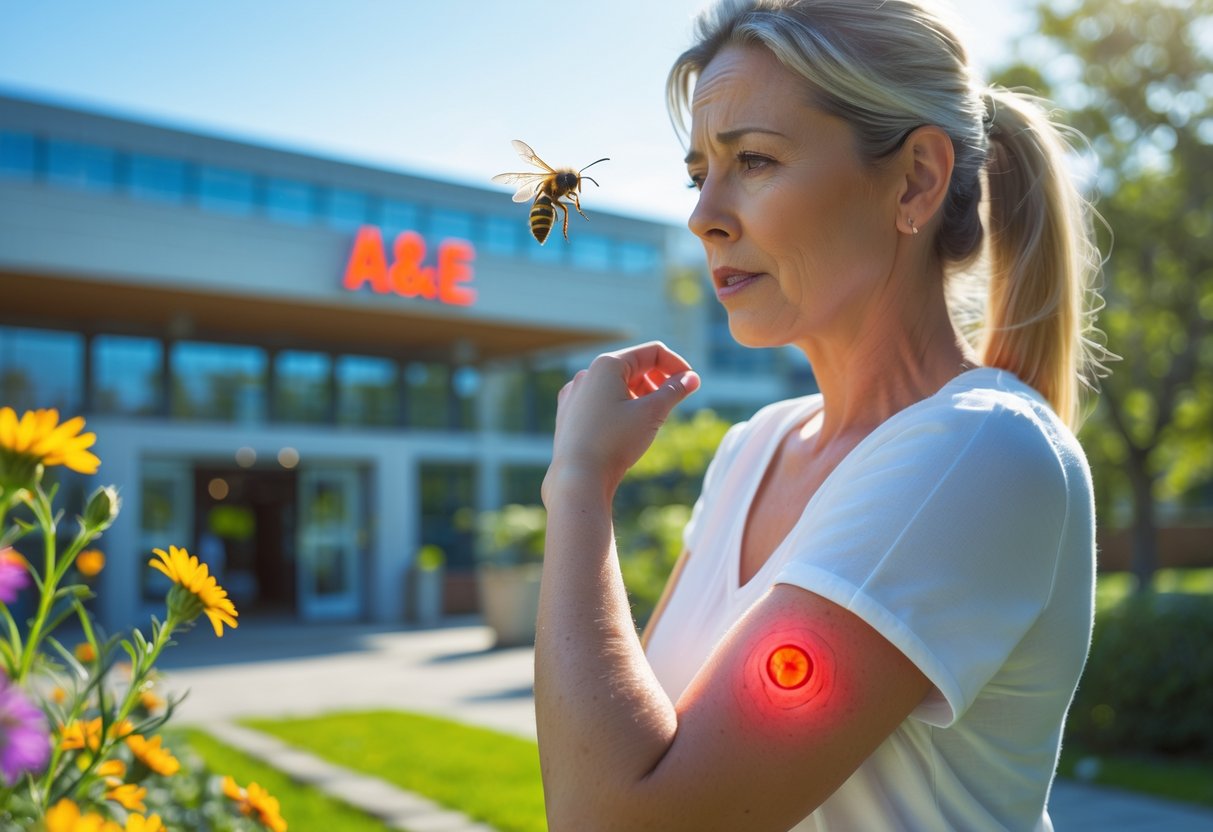 A woman outdoors holding her swollen arm after a wasp sting, with a wasp nearby and a hospital emergency entrance visible in the background.
