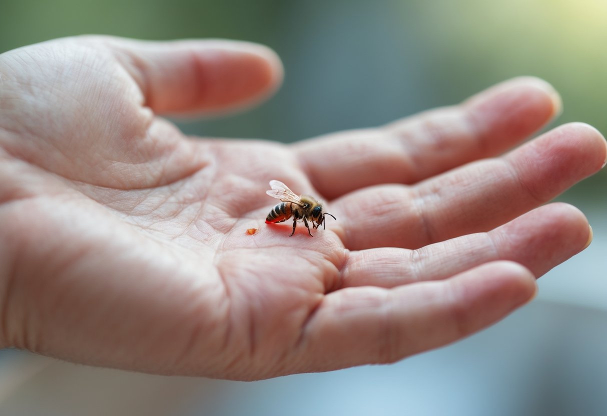 Close-up of a hand with a red, swollen bee sting on the skin.