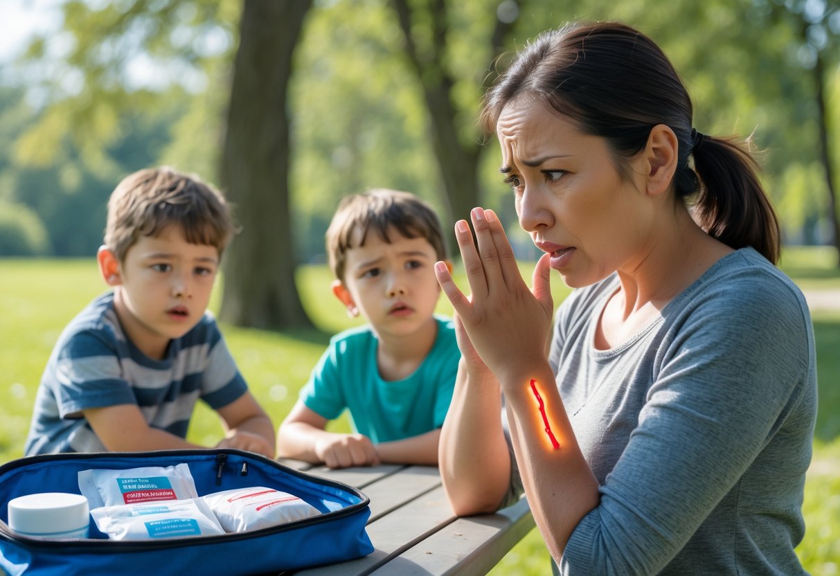 A woman outdoors touching a swollen wasp sting on her arm with a concerned expression, a child watching nearby, and an open first aid kit on a picnic table in a park.