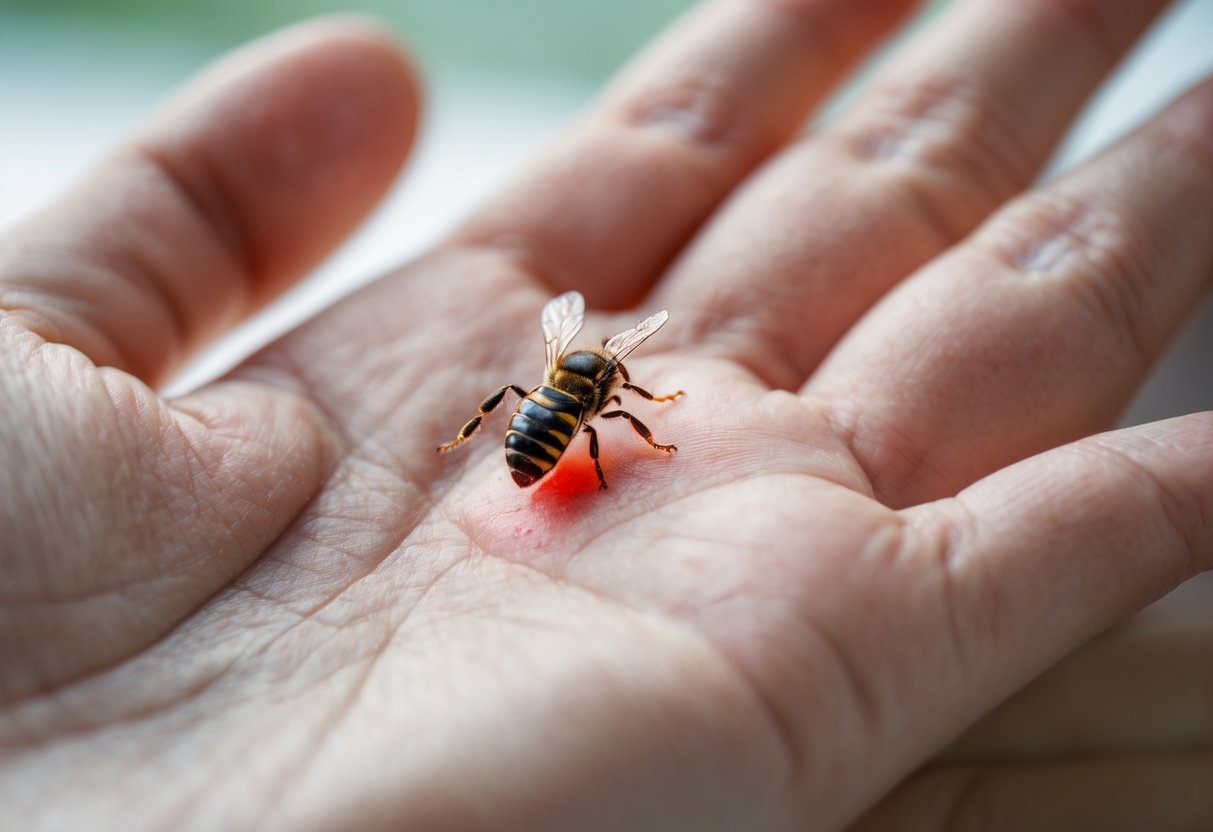Close-up of a person's hand with a red, swollen bee sting being gently touched.