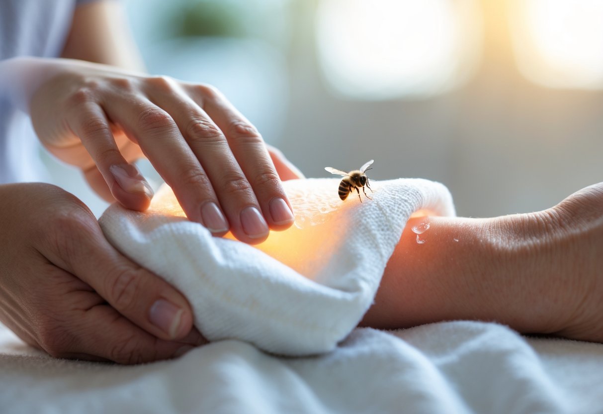 A hand applying a cold compress to a swollen bee sting on an arm.