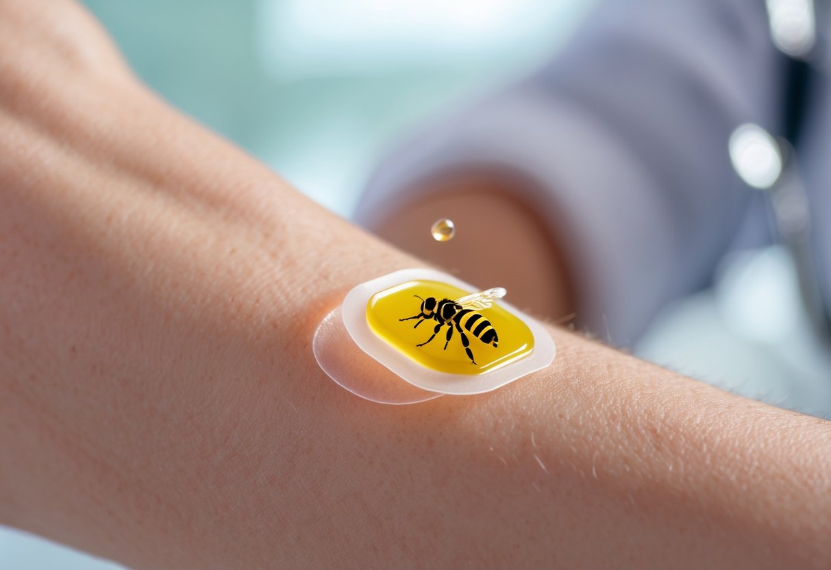 Close-up of a forearm with a small patch applied, showing mild redness and swelling around it.