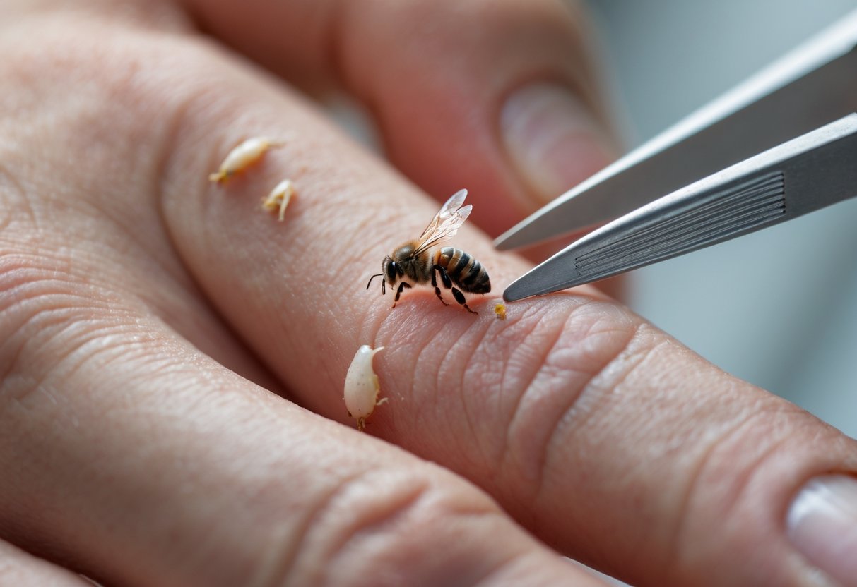 Close-up of a finger with a bee stinger embedded in the skin and slight redness around the sting.