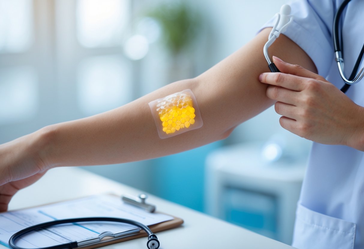 Close-up of a person's arm with a small bee venom patch applied, set in a clean medical environment.