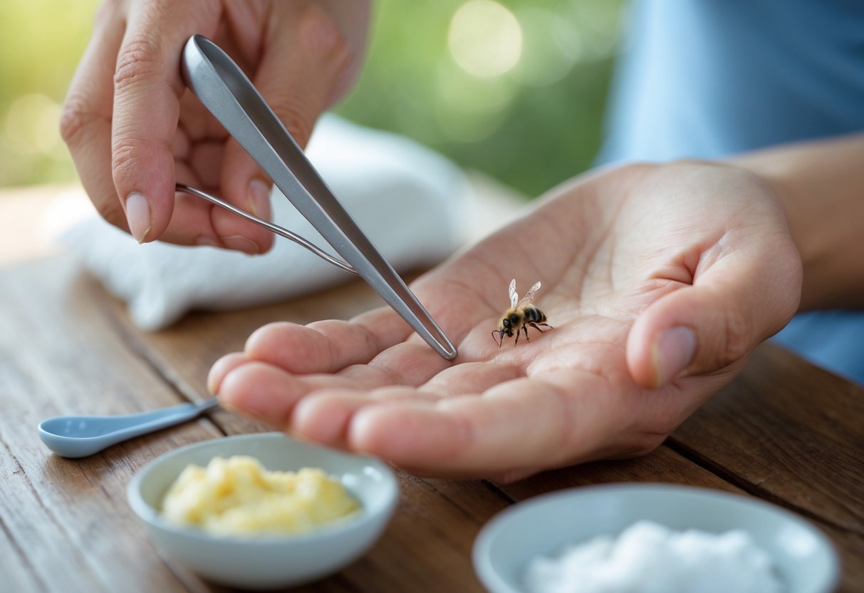 Close-up of a hand with a bee sting being carefully removed using tweezers, with home care items like baking soda paste and a cold compress nearby.