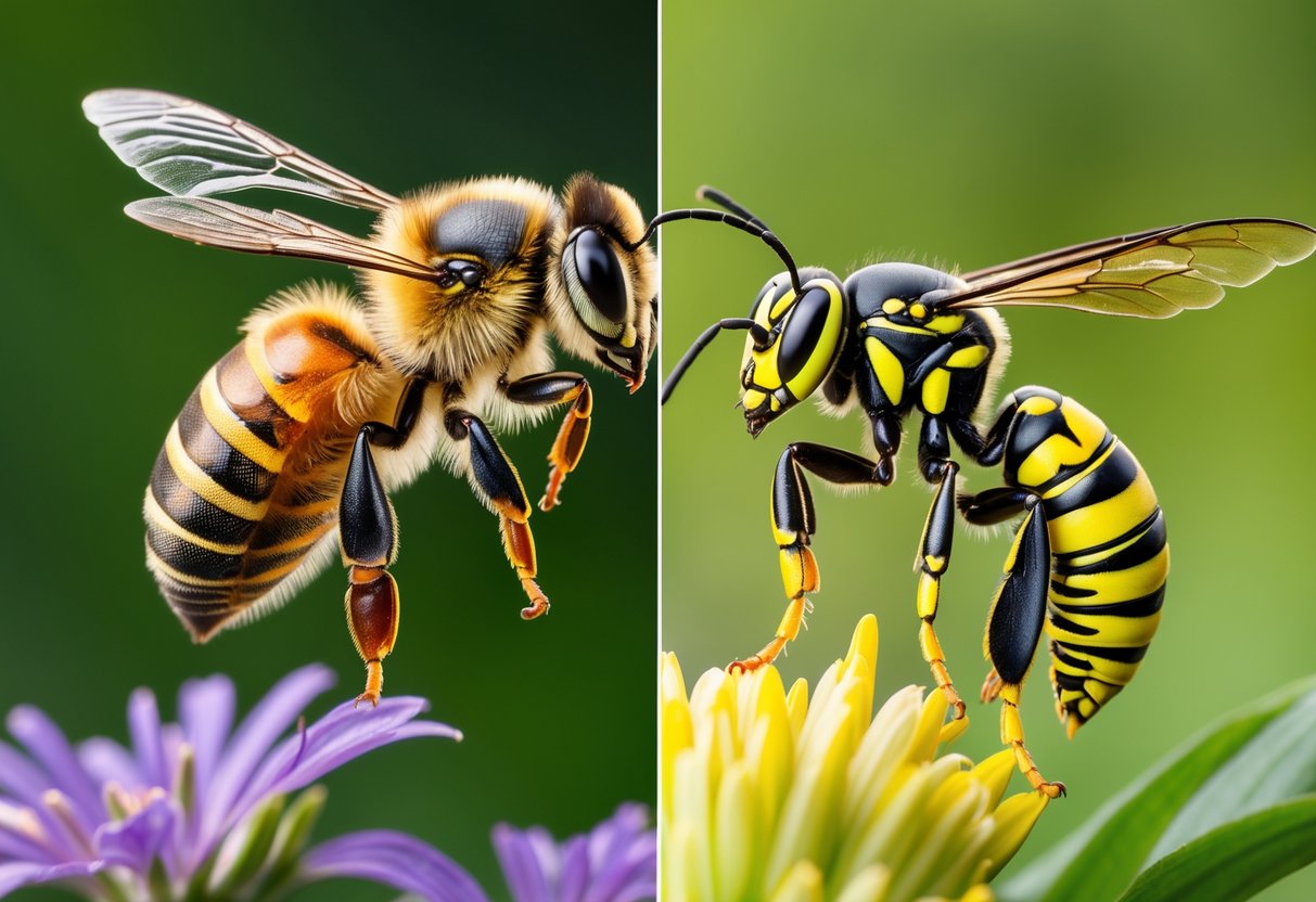 Close-up of a honey bee and a wasp side by side on flowers showing their different body shapes and colors.