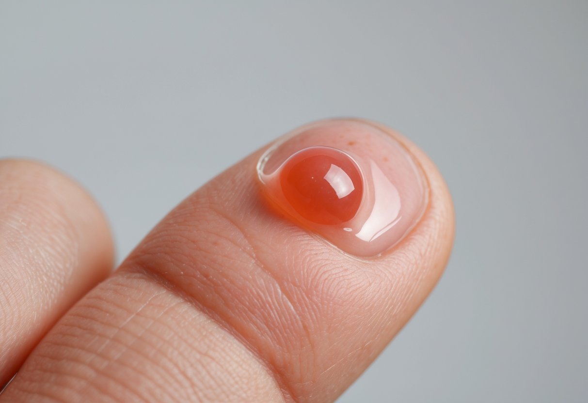 Close-up of a finger with a red swollen area and a small blood blister on the skin.