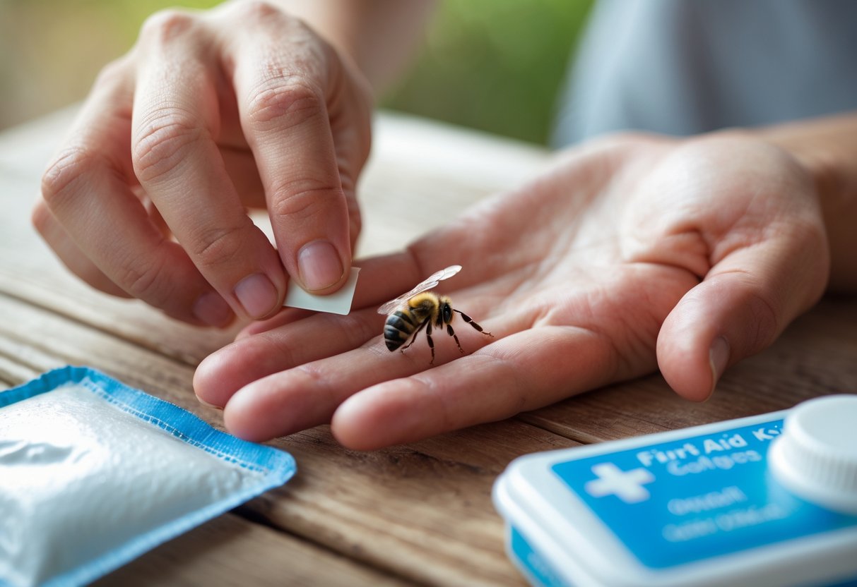 A close-up of a person removing a bee sting from their hand with a fingernail, with a first aid kit and cold compress nearby.
