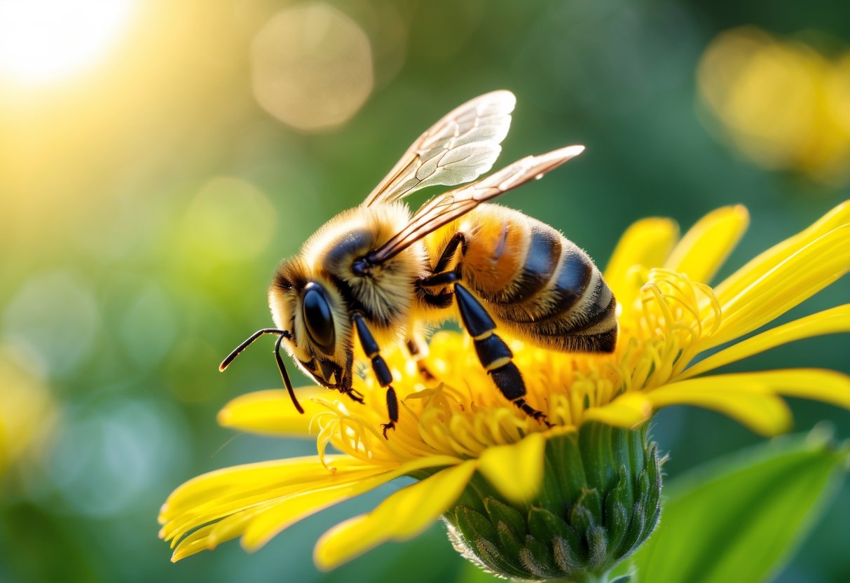 A honey bee collecting nectar from a yellow flower with green foliage in the background.