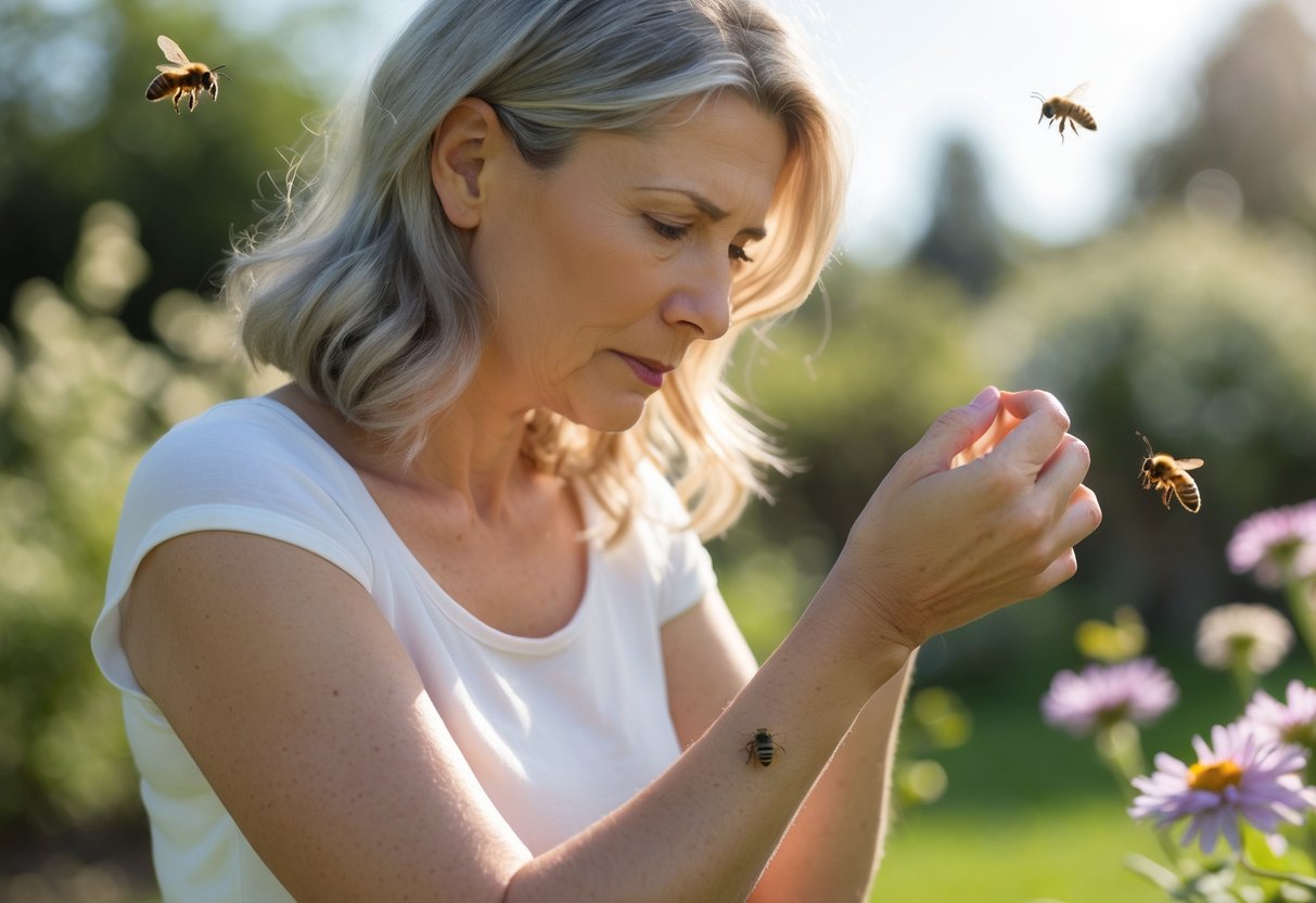 A woman outdoors looking at a bee sting on her arm with a concerned expression.