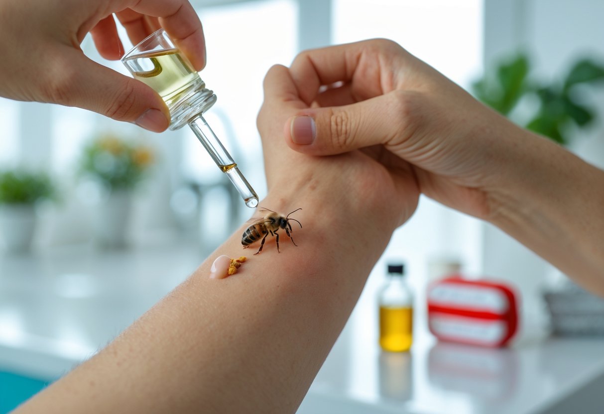 A person applying vinegar to a bee sting on their forearm using a cotton ball.