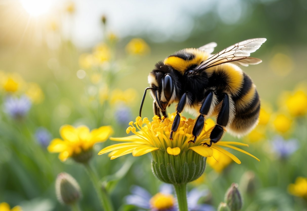 A bumblebee resting on a yellow flower in a green meadow.