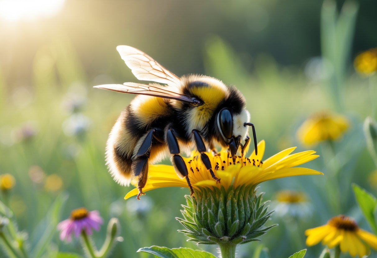 A bumblebee collecting pollen on a yellow flower in a green meadow.