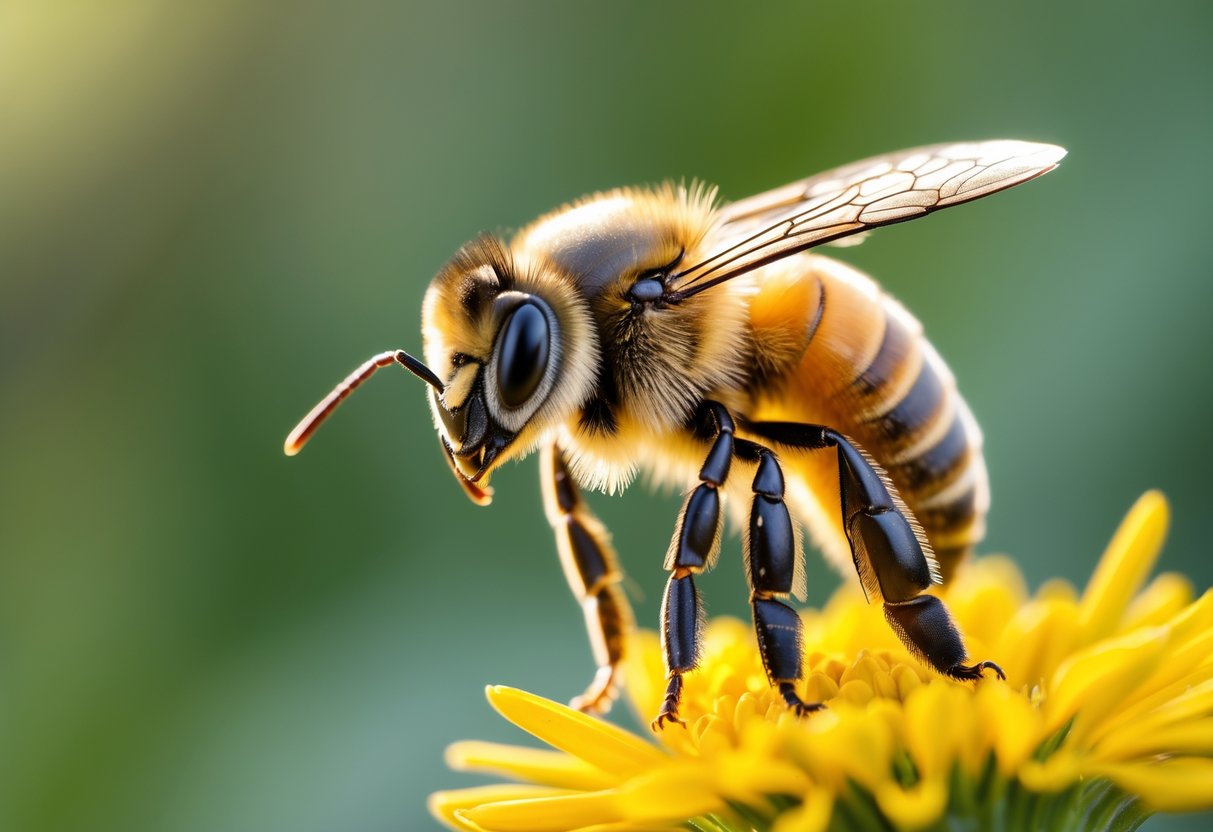 Close-up of a honey bee on a yellow flower showing details of its body parts to distinguish male and female bees.