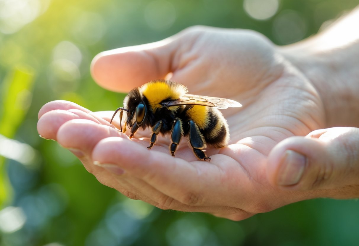 A person gently holding a calm bumblebee on their open palm outdoors with green foliage in the background.
