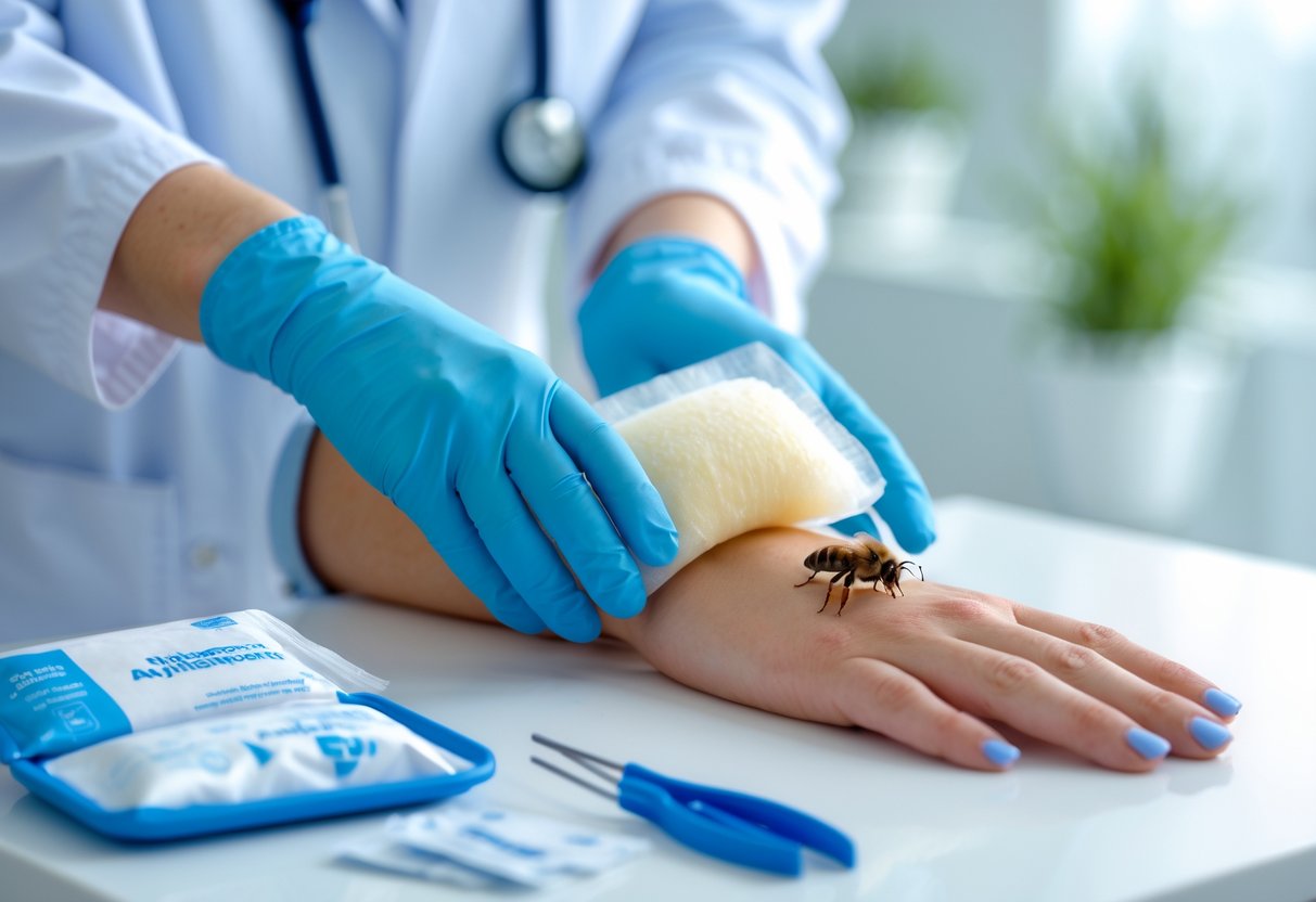 A healthcare professional applying a cold compress to a person's bee sting on their hand with medical supplies nearby.