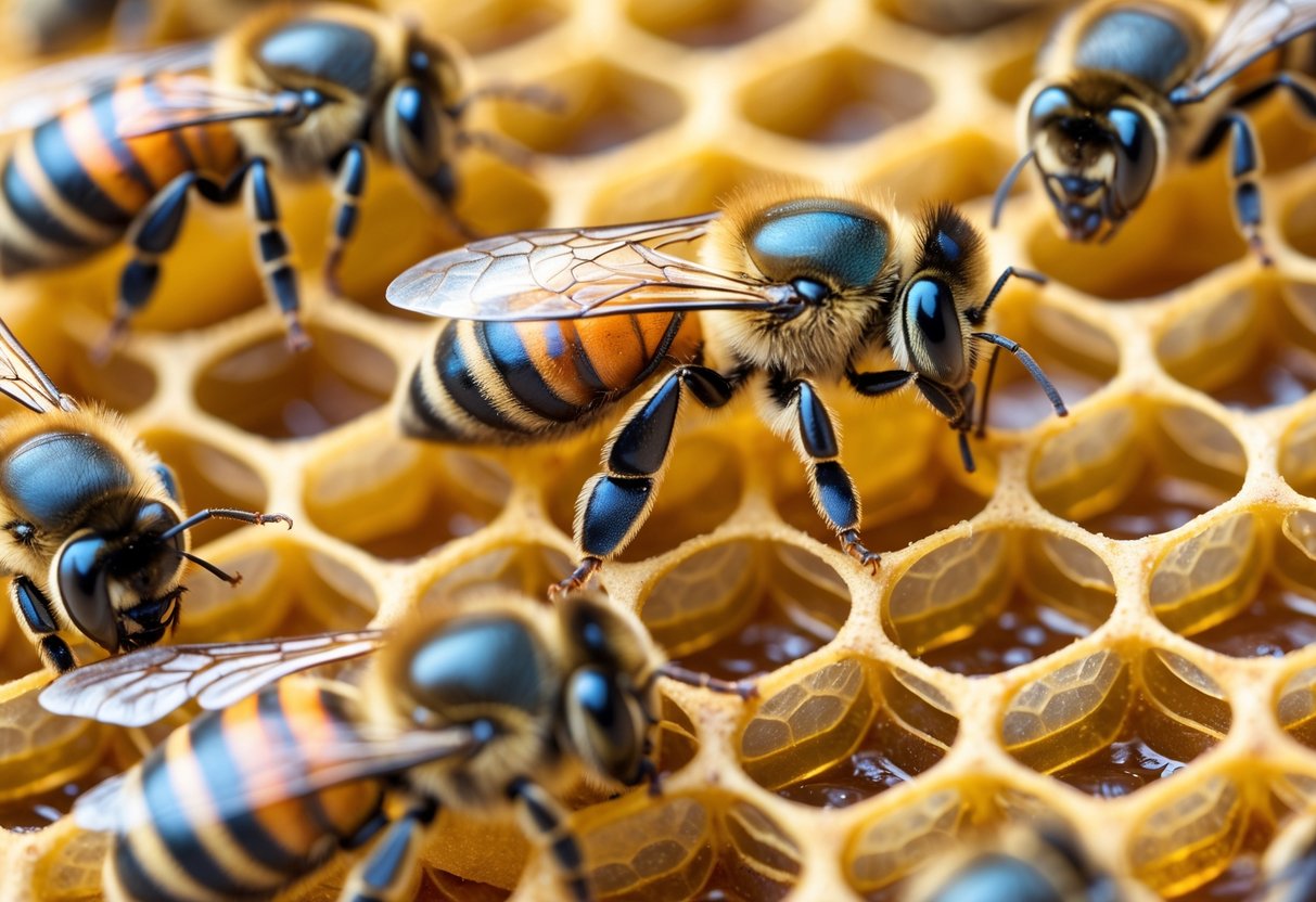 Close-up of a queen bee surrounded by smaller worker bees on a honeycomb.